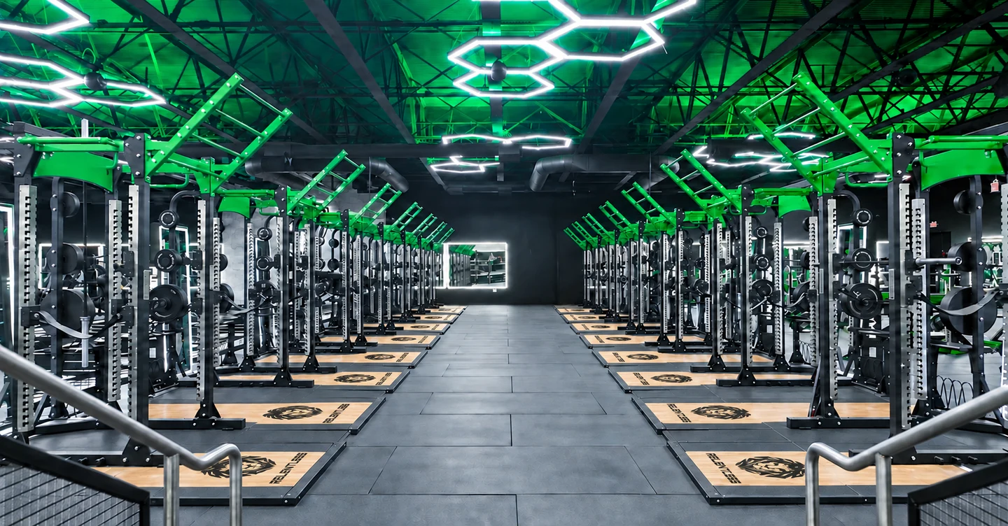 Rows of squat racks and lifting platforms
